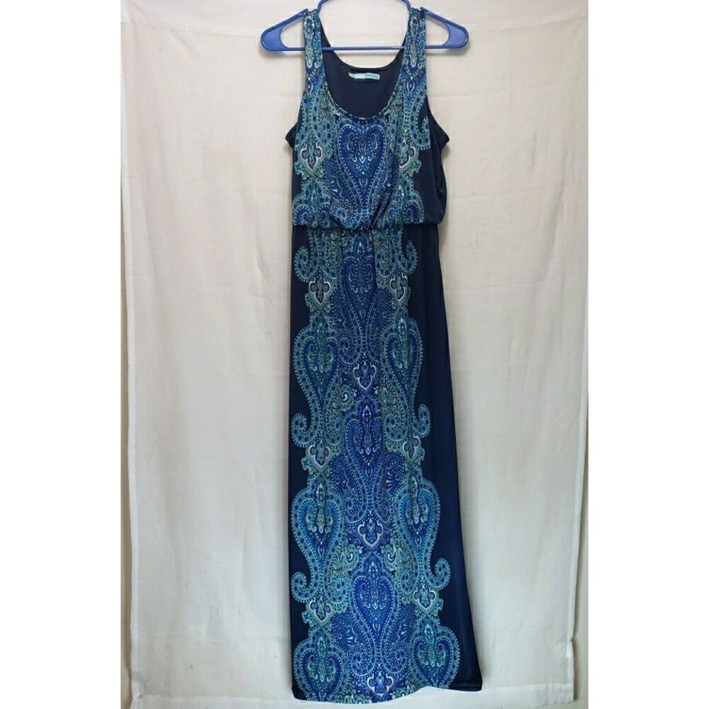 Maurices Navy Blue Paisley Maxi Dress Large L Stretch Tank Sundress Whimsical